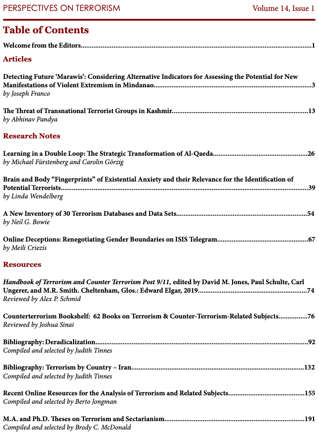 Perspectives_T's tweet photo. The February 2020 issue of Perspectives on Terrorism (Vol. 14, No. 1) is now online at: https://t.co/QwGLhPzDQd
Research on #terrorism in the #Philippines and #Kashmir, #ISIS, #AlQaeda and much more. https://t.co/mN7sjXkGgr