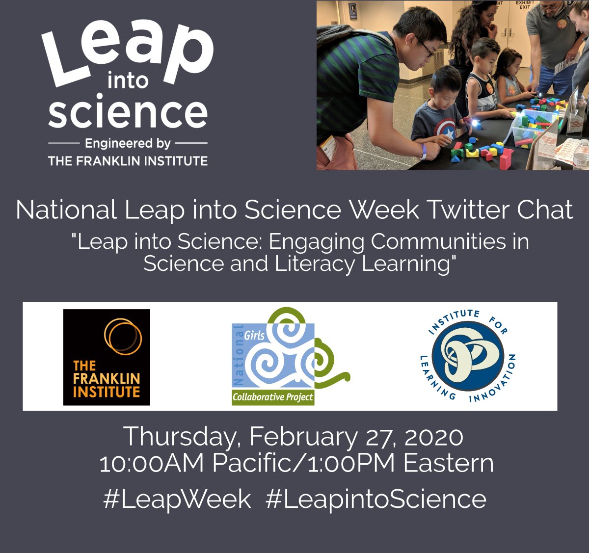 KS_Enrichment's tweet image. Join the #leapintoscience national #leapweek Twitter Chat with us, @TheFranklin, @ngcproject, and @julia_skolnik on Thursday, February 27, at 12:00pm central time. We will discuss ways to engage communities in STEM and literacy across the country!