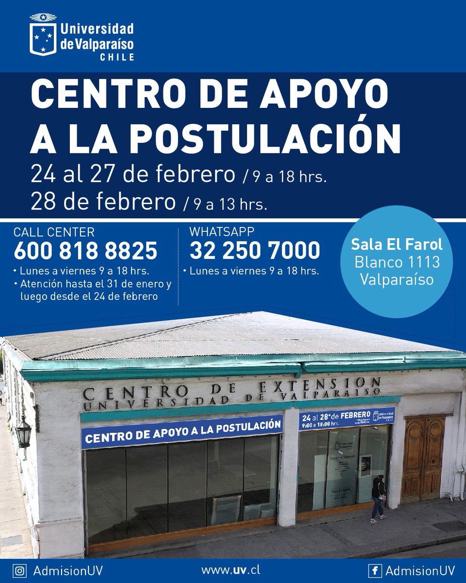 uvalpochile's tweet photo. Los esperamos a todos en nuestros #CentrosDeApoyoalaPostulación ubicados en Valparaíso, San Felipe y Santiago. Además podemos ayudarte a través de nuestro #CallCenterUV 600 818 8825 o por nuestro #WhatsappUV +56322507000 #LaUVenMovimiento #MeGustaLaUV #UValpoChile https://t.co/QPGuDh48eC