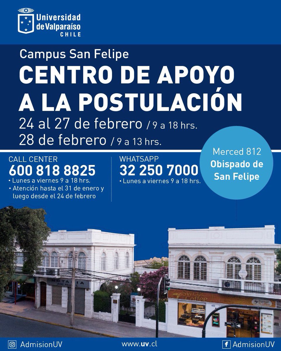 uvalpochile's tweet photo. Los esperamos a todos en nuestros #CentrosDeApoyoalaPostulación ubicados en Valparaíso, San Felipe y Santiago. Además podemos ayudarte a través de nuestro #CallCenterUV 600 818 8825 o por nuestro #WhatsappUV +56322507000 #LaUVenMovimiento #MeGustaLaUV #UValpoChile https://t.co/QPGuDh48eC