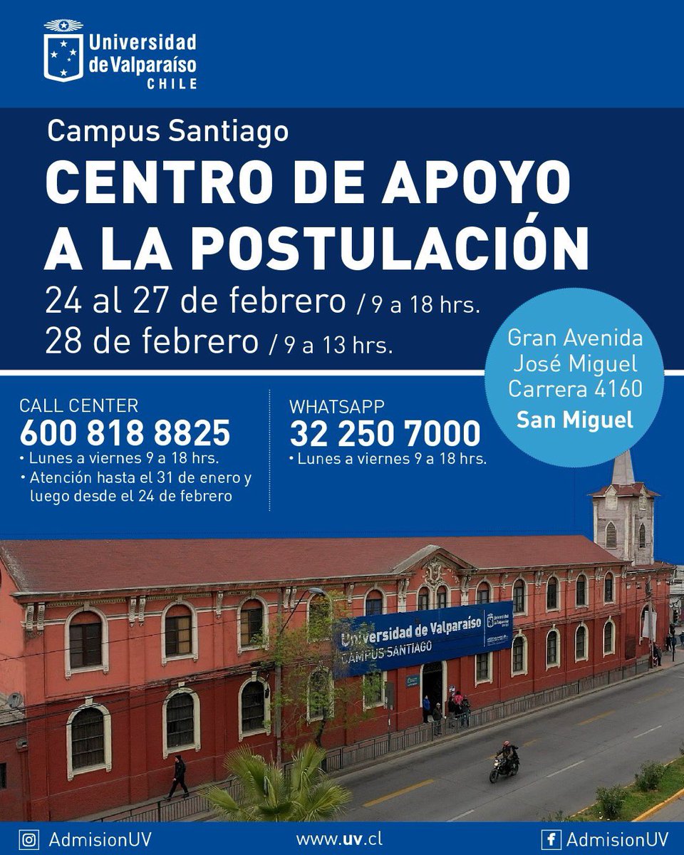 uvalpochile's tweet photo. Los esperamos a todos en nuestros #CentrosDeApoyoalaPostulación ubicados en Valparaíso, San Felipe y Santiago. Además podemos ayudarte a través de nuestro #CallCenterUV 600 818 8825 o por nuestro #WhatsappUV +56322507000 #LaUVenMovimiento #MeGustaLaUV #UValpoChile https://t.co/QPGuDh48eC