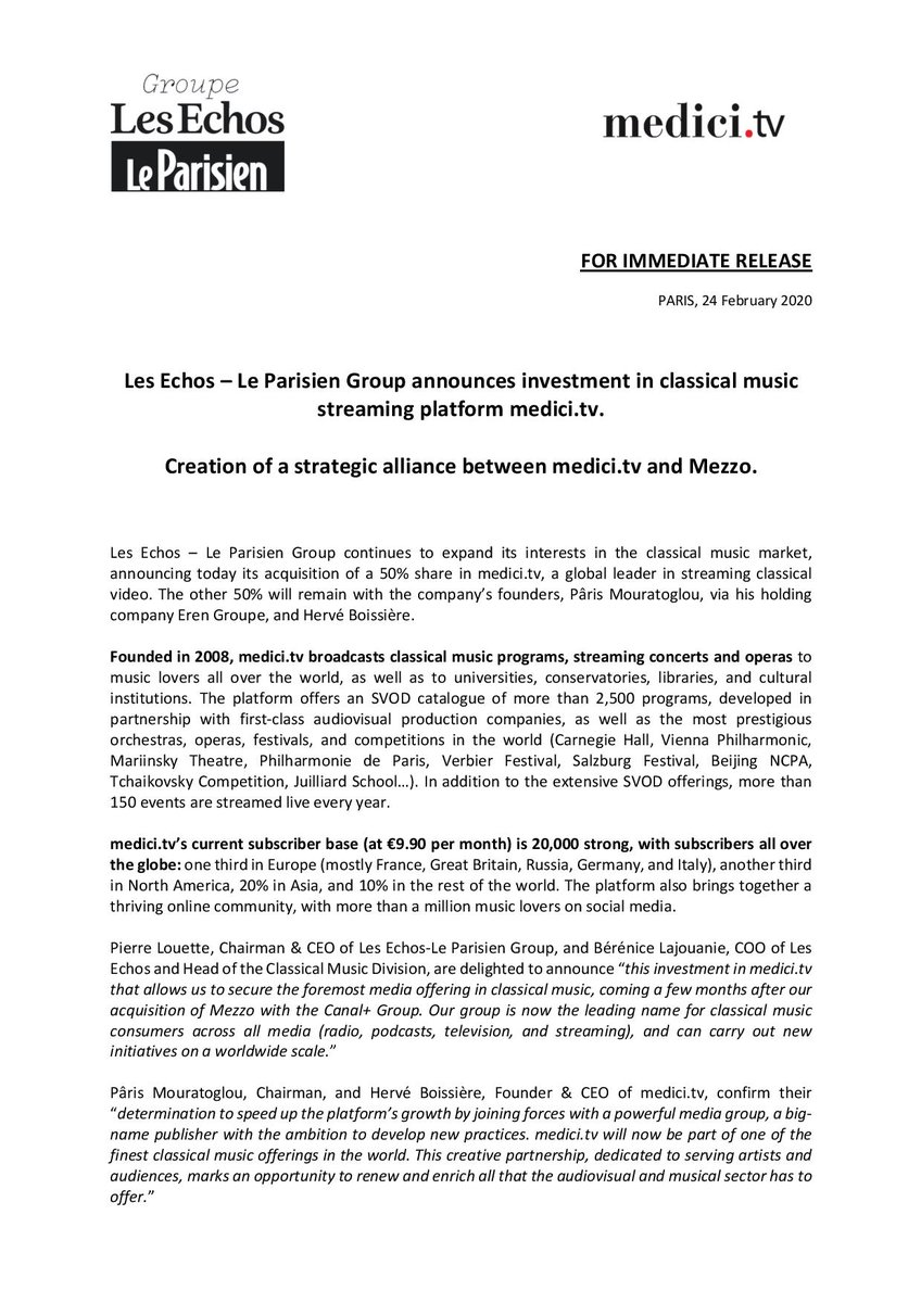 medicitv's tweet photo. [📣#ANNOUNCEMENT] @LesEchos - Le Parisien Group announces investment in classical music streaming platform @medicitv 
Creation of a strategic alliance between @medicitv and @mezzo_tv https://t.co/MavmfMKrE2