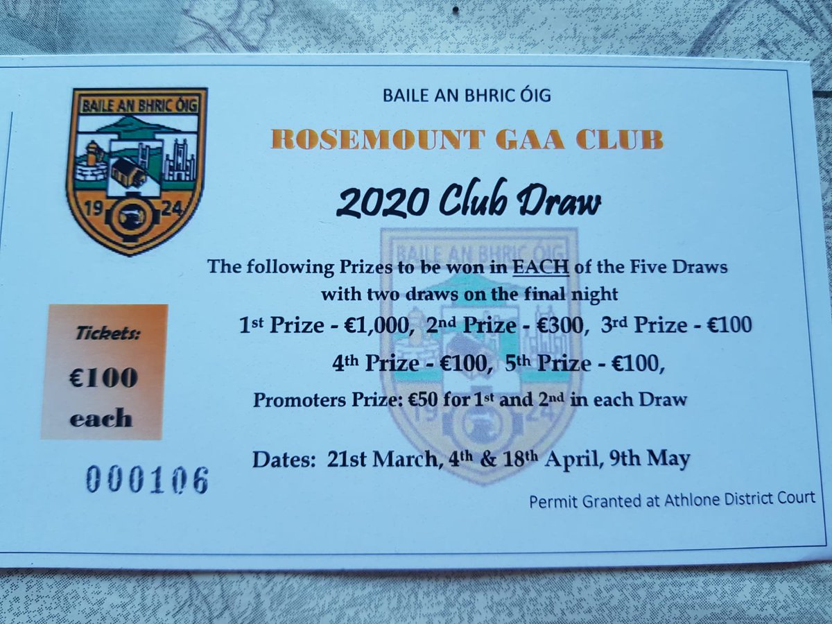 rosemountgaa's tweet photo. 2020 Club Draw takes place again this year. Tickets cost €100. First Draw takes place March 21st. Tickets available from any committee member. Please support. https://t.co/2knm0X0W3Z