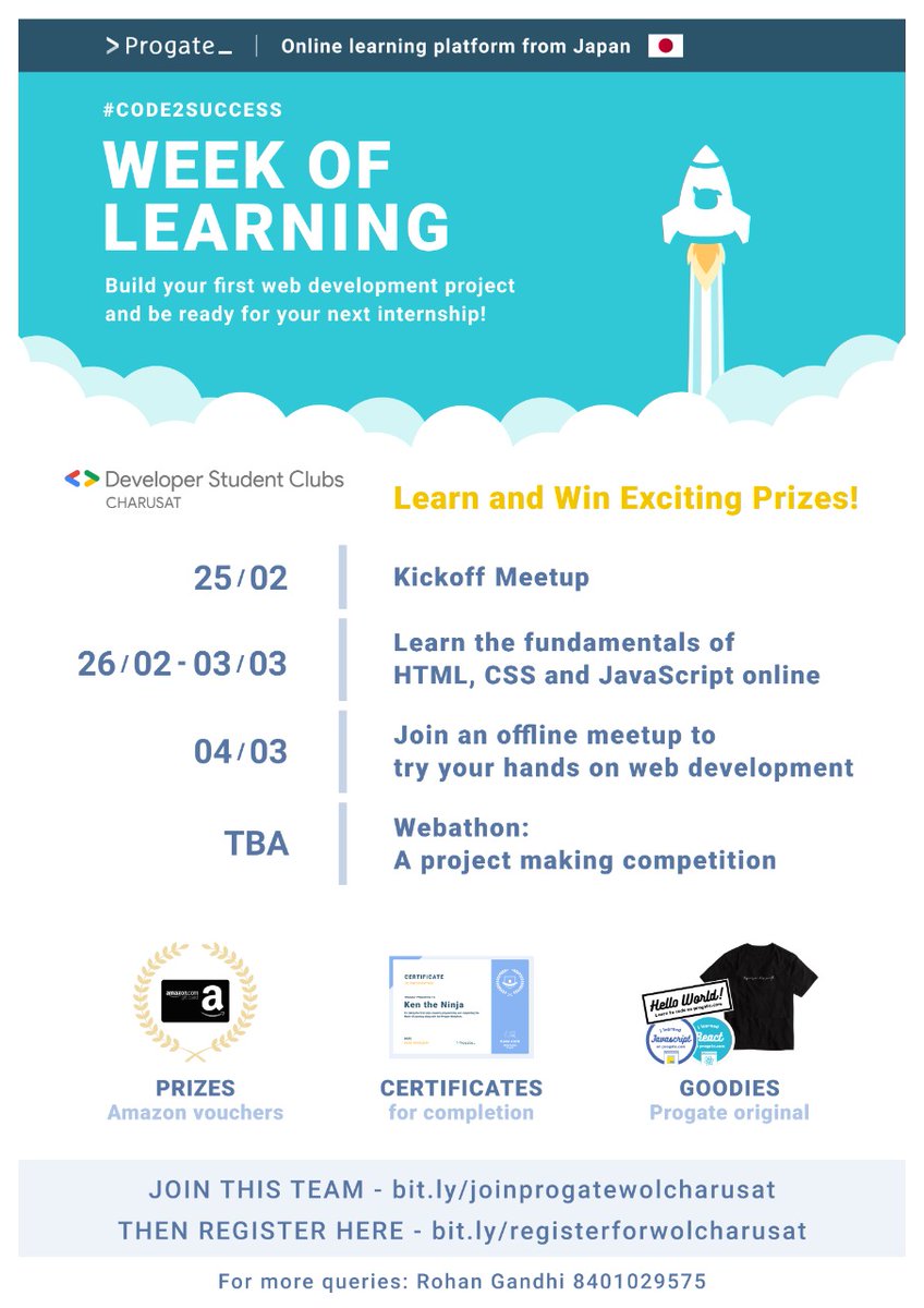 rohangandhi1999's tweet image. I Tech-Advisor of @DSC_Charusat is Announcing //WEEK OF LEARNING// an initiative by @progateEN Japan.
It&apos;s pleasure to have 300+ participants.
Let&apos;s make this event a success together.
#dsc_charusat #code2success