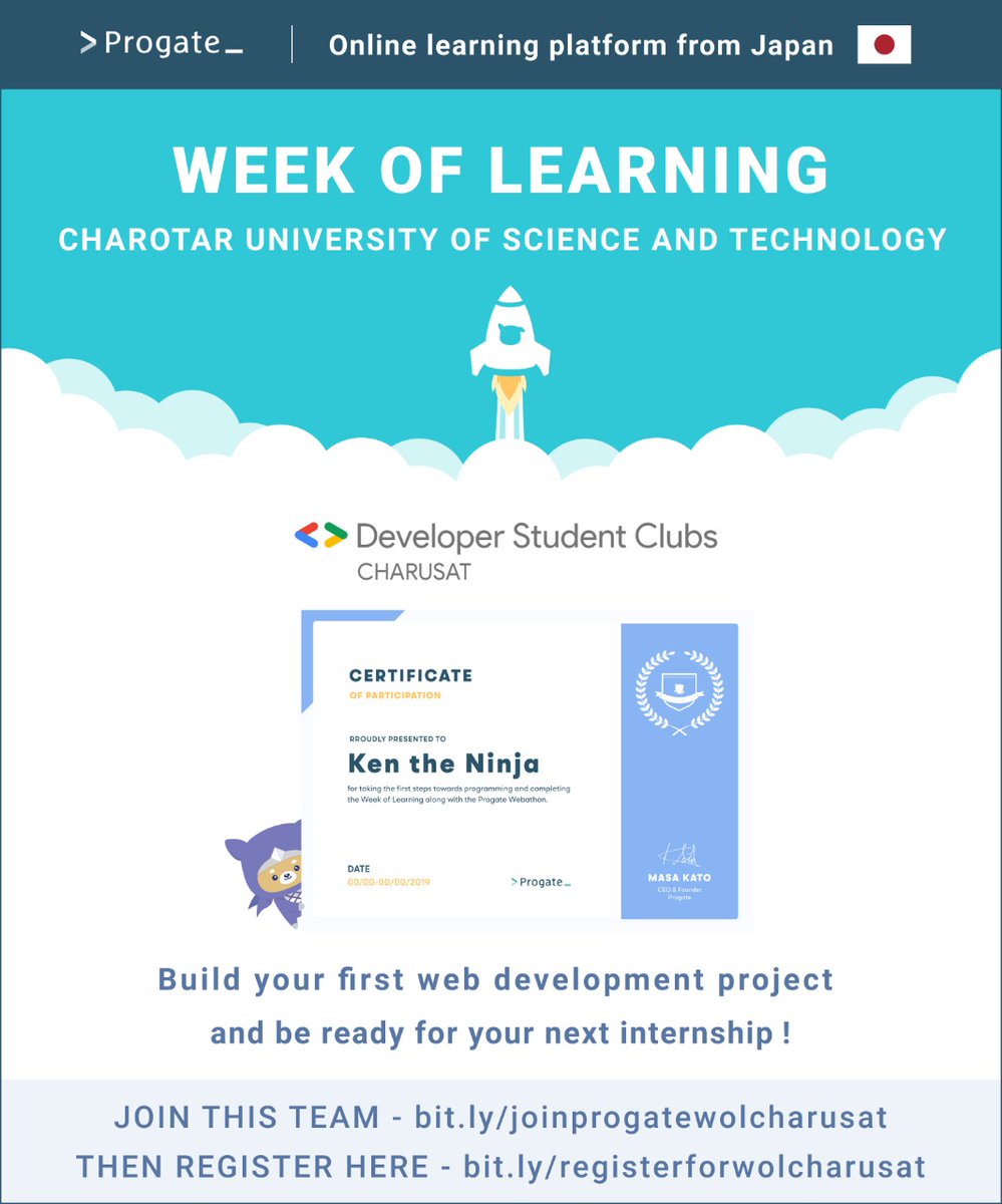 rohangandhi1999's tweet image. I Tech-Advisor of @DSC_Charusat is Announcing //WEEK OF LEARNING// an initiative by @progateEN Japan.
It&apos;s pleasure to have 300+ participants.
Let&apos;s make this event a success together.
#dsc_charusat #code2success
