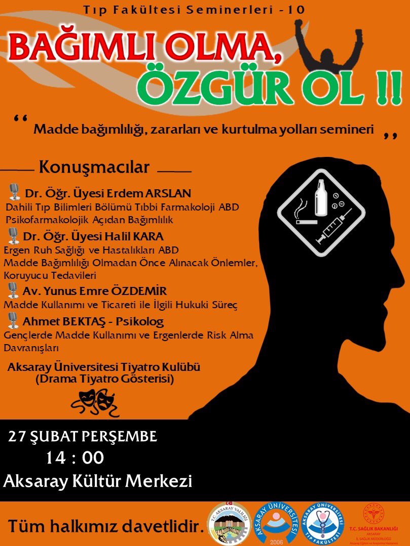 Aksarayeah's tweet photo. 🗣 Madde Bağımlılığı Bilgilendirme Konferansına tüm halkımız davetlidir. Bağımlı Olma, ÖZGÜR OL! ❤️

Tarih : 27 Şubat 2020 Perşembe
Saat : 14:00
Yer   : Aksaray Kültür Merkezi

#Aksarayeah
#Aksarayedu
#MaddeBağımlılığı https://t.co/nGrzsgk69R