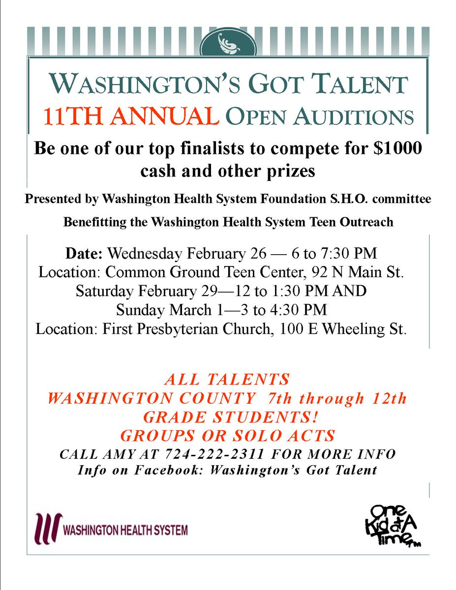 WashGotTalent's tweet photo. Reminder have our open calls this week - starting Wednesday February 26 at 6 PM at the Common Ground Teen Center. Followed by Saturday Feb 29 at 12 PM and Sunday March 1 at 3 PM both at 1st Presbyterian Church on E. Wheeling St https://t.co/egftTUuLql
