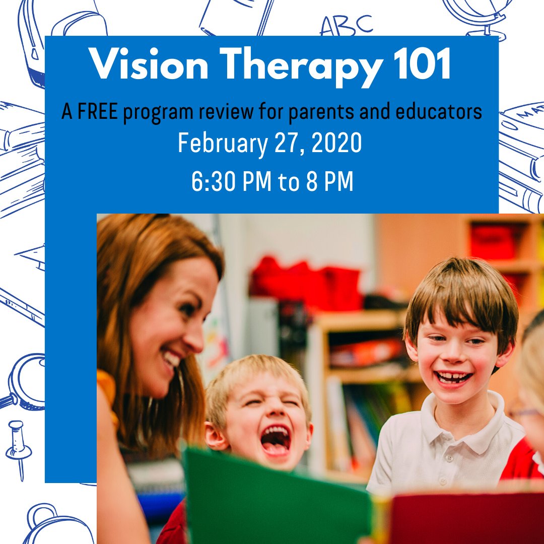 youreyecenter's tweet photo. What is Vision Therapy and how can it help your student succeed? Join us for Vision Therapy 101 -- a FREE program review for parents and educators! Meet our team and learn more about the vision therapy process. Find out more and RSVP here: https://t.co/TvgC7Iy4oZ #yourEYEcenter https://t.co/Ppkbk0AODq