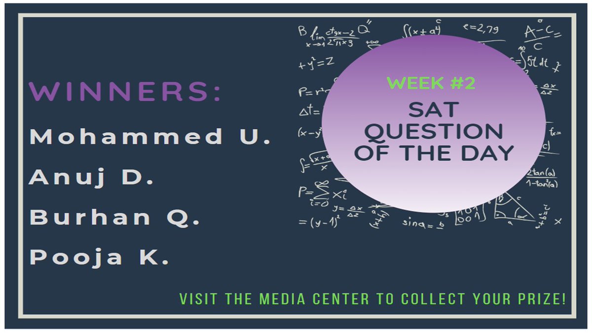 hehslibrary's tweet photo. Here are last week's winners of the SAT QUESTION OF THE DAY.  This contest is still going on, so c'mon down to the Media Center and answer a question for your chance to be on next week's winner list! https://t.co/dwp1QfQ6f8