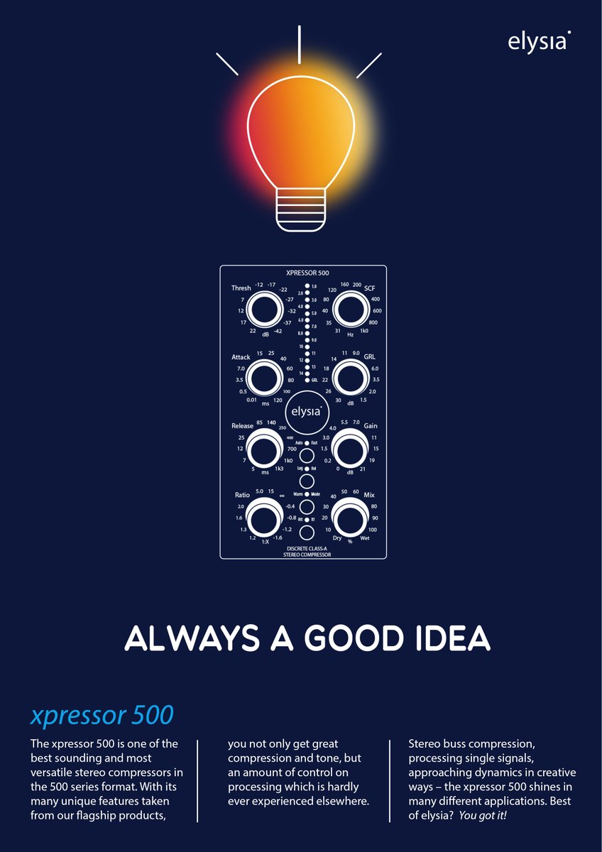 elysia_audio's tweet photo. Nothing is better than a good idea at the right time. Start your week with a good idea and xpress yourselves guys! 😉
#elysiaaudio #xpressor #compressor #mixing #mastering #music #recording #producing #gainreductionlimiter #classa #analoggear https://t.co/DXdkzfdJ3b