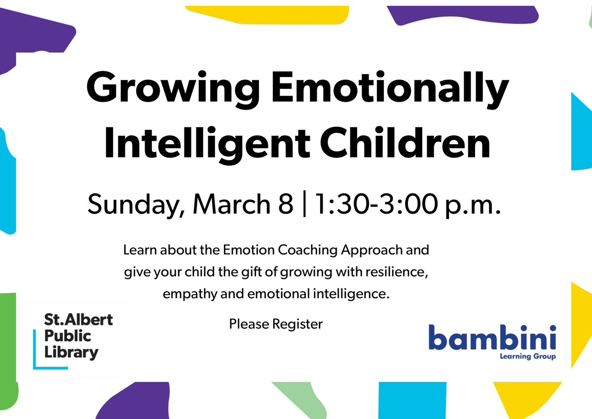 StAlbertLibrary's tweet photo. In this workshop parents and caregivers learn about emotion coaching, a method that can help children grow into emotionally intelligent and resilient people. Click to register> https://t.co/lTcspfShxd https://t.co/OQ3LKGMO7y