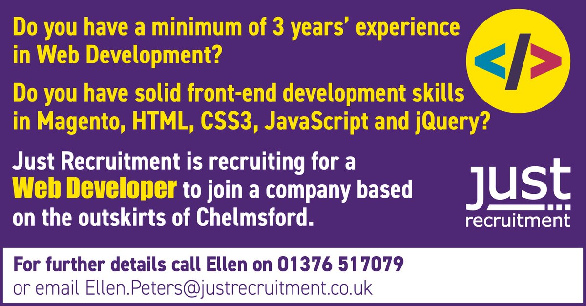 #Web #Developer wanted in #Chelmsford. 

For further details call Ellen on 01376 517079.

#webdevelper #Magento #HTML #css3 #javascript #jquery #jobsearch #jobhunting @WebDeveloperr @Magento2course @magentoassoc @JavaScriptDaily @web_development #html5