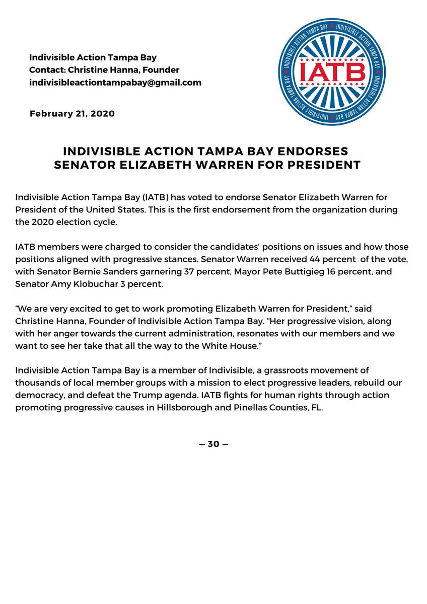 IndivisTampaBay's tweet photo. Indivisible Action Tampa Bay is proud to endorse Senator Elizabeth Warren for President! We will be out canvassing this weekend in #HillsboroughCounty and #PinellasCounty to share progressive policies with our neighbors. #LFG #ProgressivePatriots @ewarren @TeamWarren https://t.co/hdSLzsB0OT