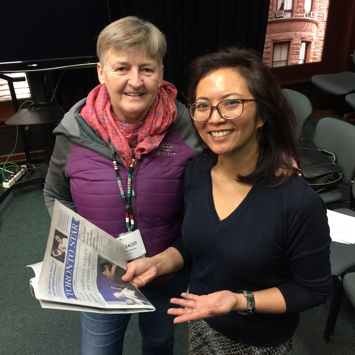 ontariomidwives's tweet photo. Have you seen the cover of The Toronto Star today?! Midwives, Jay MacGillivray and Jasmin Tecson at Queen's Park for this landmark announcement proudly hold up this issue. @EqualPayON @world_midwives @NACMidwives #Midwives4PayEquity #Equity4Midwives #GenderPayGap https://t.co/GDozDRyLWR