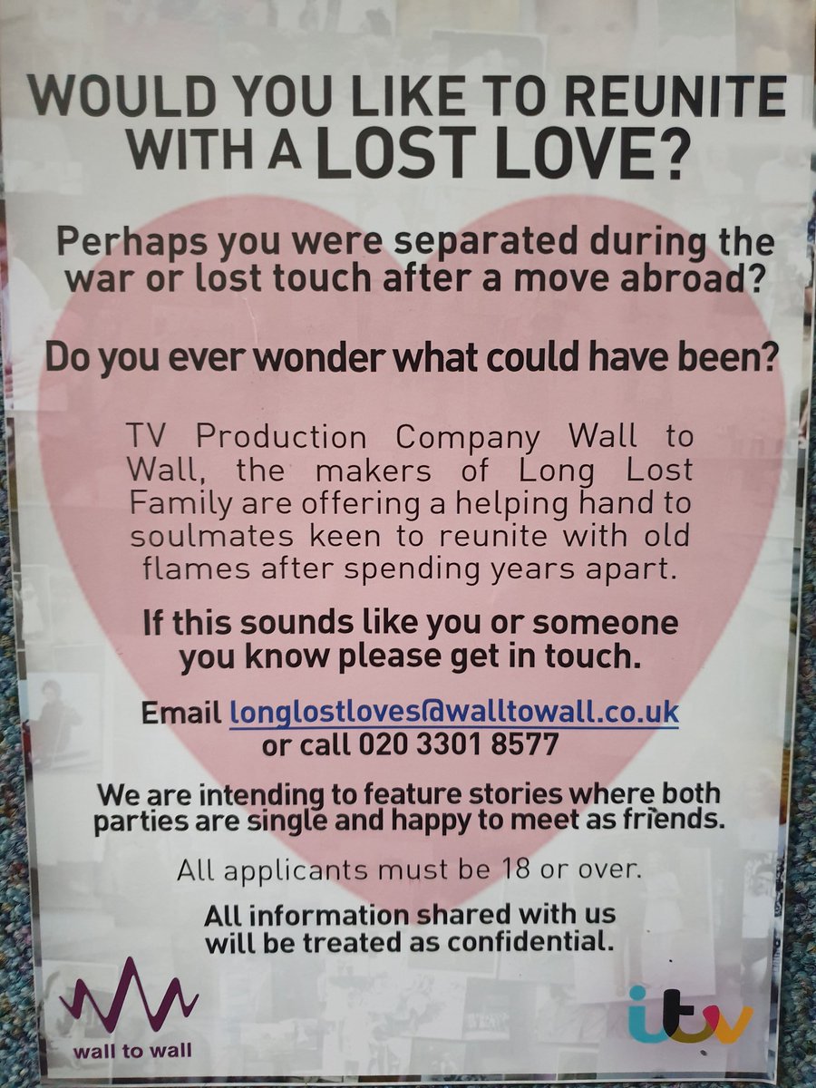 Perhaps you were separated during war?Would you like to reunite with a lost love ? <a href="/ForwardAssist1/">El Hombre Invisible</a> has been contacted by Wall to Wall and ITV to help promote the series 'Long Lost Family '. For more information contact Paula on 01912504877 or longlostloves@walltowall.co.uk
