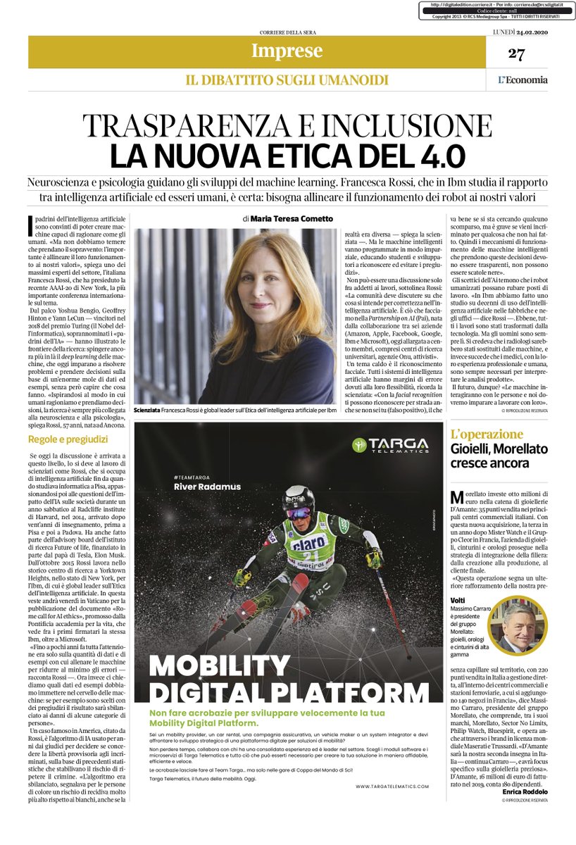 Maria Teresa Cometto (@mtcometto) on Twitter photo Una scienziata italiana e' uno dei massimi esperti mondiali di #Intelligenza #Artificiale e per <a href="/IBM/">IBM</a> si occupa dei problemi etici legati alle sue applicazioni. Paura o fiducia verso le "macchine intelligenti"? <a href="/frossi_t/">Francesca Rossi</a> ne parla su <a href="/L_Economia/">Corriere L'Economia</a> <a href="/Corriere/">Corriere della Sera</a> Una scienziata italiana e' uno dei massimi esperti mondiali di #Intelligenza #Artificiale e per <a href="/IBM/">IBM</a> si occupa dei problemi etici legati alle sue applicazioni. Paura o fiducia verso le "macchine intelligenti"? <a href="/frossi_t/">Francesca Rossi</a> ne parla su <a href="/L_Economia/">Corriere L'Economia</a> <a href="/Corriere/">Corriere della Sera</a>