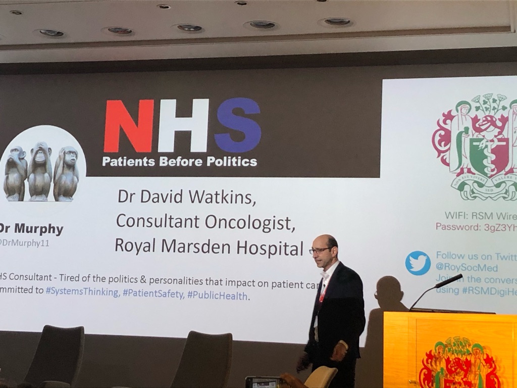 Dr Murphy unmasked. Now for his positional statement. His driving force - patient safety. Can’t argue with that!! <a href="/DrMurphy11/">Dr Murphy (aka David Watkins)</a> #RSMDigiHealth <a href="/RoySocMed/">The Royal Society of Medicine</a>