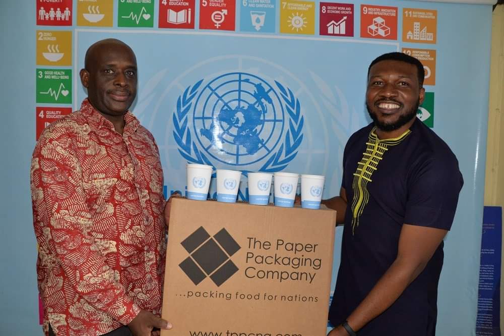 UN_Nigeria's tweet photo. Following the UN Nigeria Country Team ban on single-use plastics in the @UN House Nigeria, the Paper Packaging Company has donated 250 paper cups to the UN system in #Nigeria.  #DecadeOfAction #ForPeopleForPlanet #SDG13 https://t.co/o7IEYw9jsK