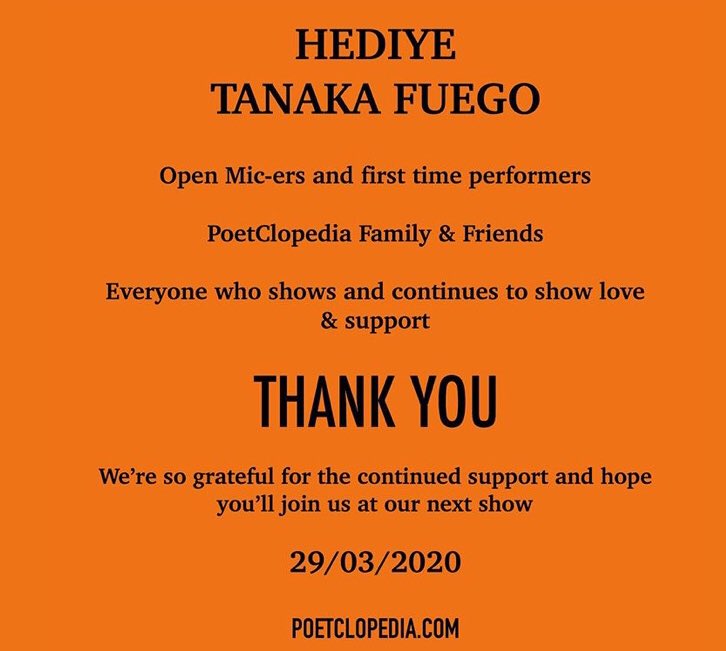 PoetClopedia's tweet photo. Last night was so special! Thank you to everyone for coming out to support HEDIYE &amp; TANAKA FUEGO, we’re so grateful so many of you continue (&amp; begin) to join and support us

A big special thank you to 
@hediyeeah our defining act &amp;
@Tk35022568 for featuring at our show! https://t.co/jkWQOB0GsE