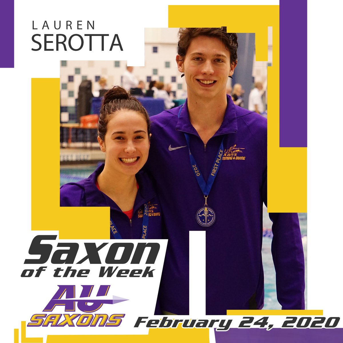Congratulations to Andy Edmister and Lauren Serotta of <a href="/auswimanddive/">AU Swimming & Diving</a> on earning Saxons of the Week! The pair won the 200-yard backstroke events and Serotta won the 100-yard backstroke as well in the Allegheny <a href="/Empire8/">Empire 8</a> Championships #GoSaxons #SaxonAction