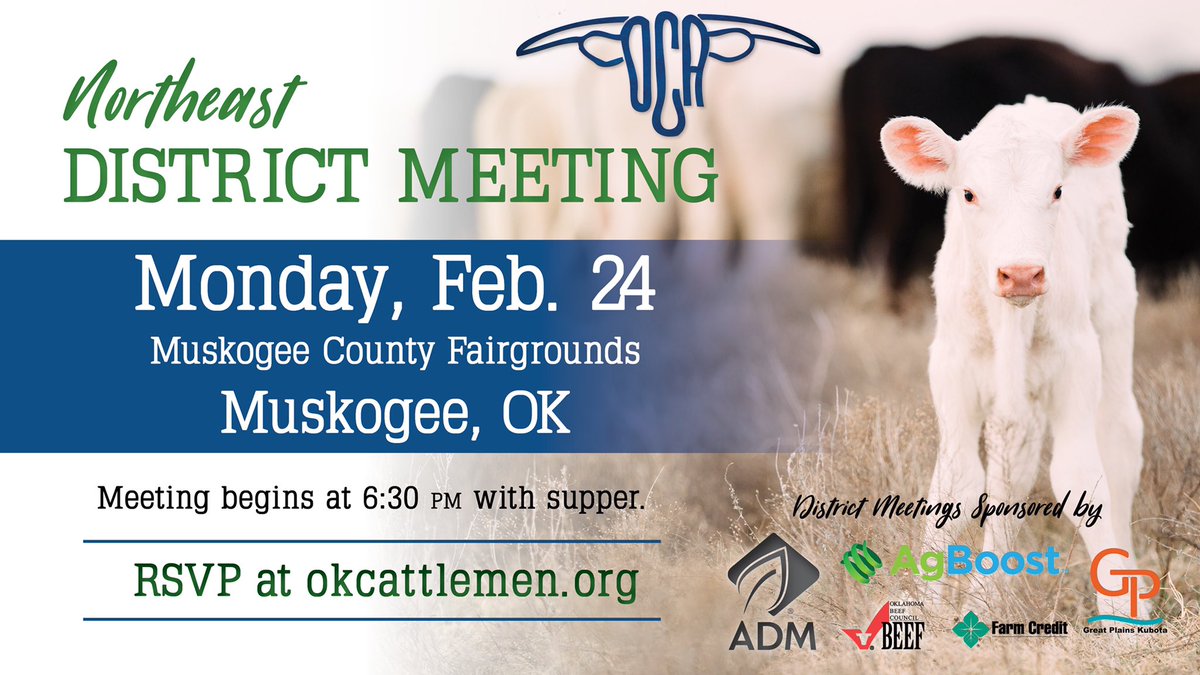 OKCattlemen's tweet photo. It’s a great day for another OCA District Meeting! We’re headed to #Muskogee tonight and looking forward to seeing all our Northeast #Oklahoma #beefproducers. #steaksupper #industryupdates #greatfellowship https://t.co/D9rDYuzzuX