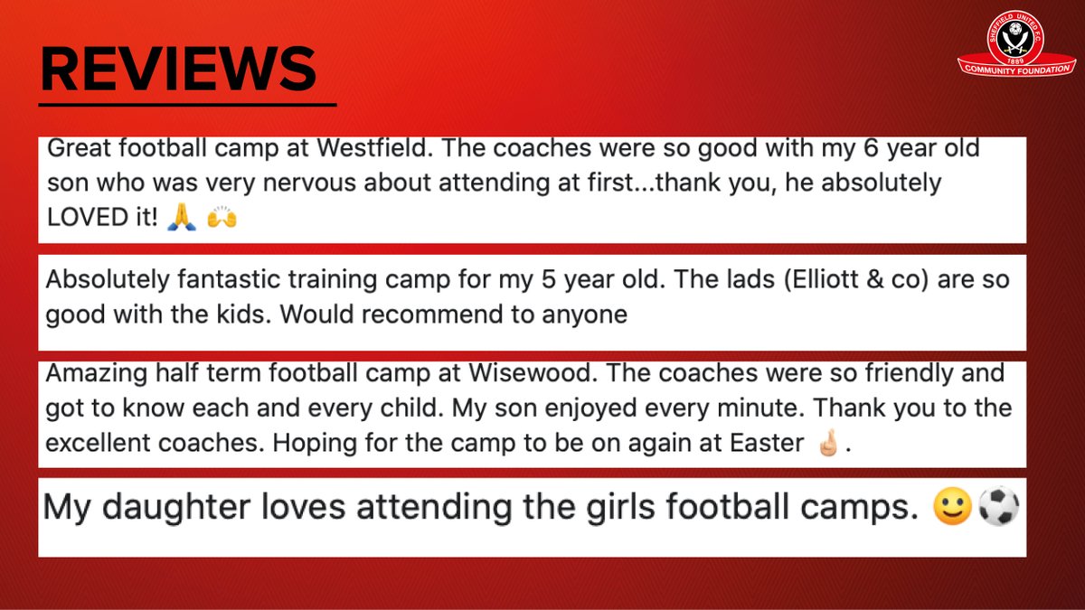 CommunitySUFC's tweet photo. Receiving recommendations from parents of children that come to our football camps, is the highest praise we could wish for.

Here's a selection of reviews we received yesterday.

Leave us a review here: https://t.co/eId4hJ9HWB #SUCF🔴 https://t.co/o0RKWZEKVo