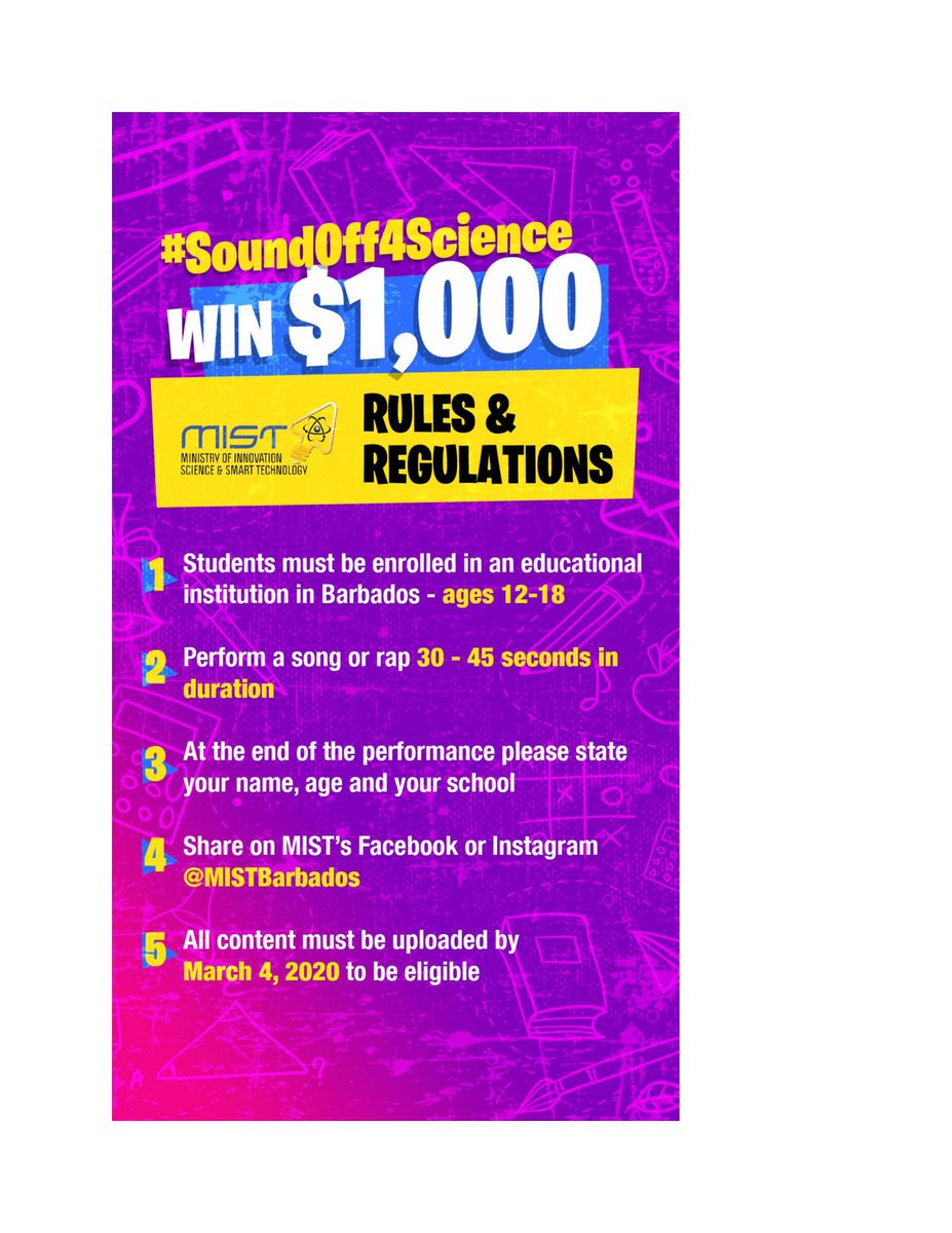 fstcavehill's tweet photo. Calling All Students - Ages 12 - 18 in Barbados!  Here's a great opportunity for you to participate in the Science and Technology Sound-Off Competition for a chance to win BDS$1000.00!  View the flyers provided for more details on the competition #SoundOff4Science!! https://t.co/LPS58dHc1b
