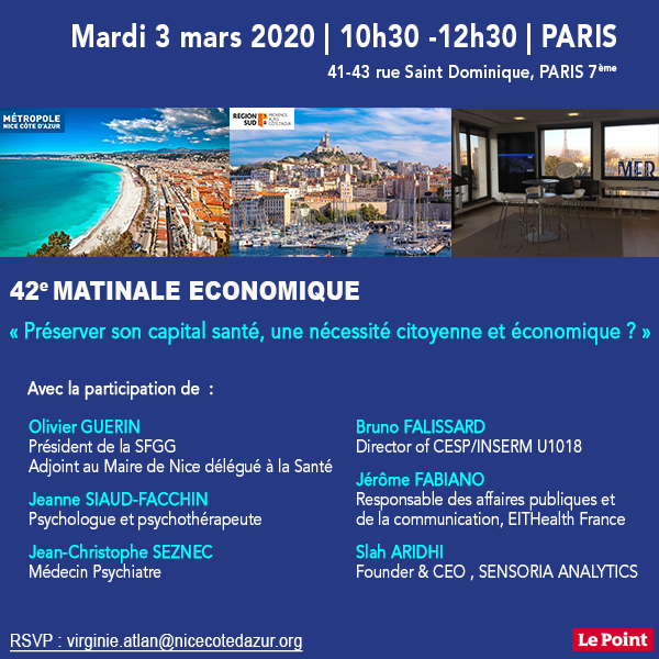 📅 Mardi 3 mars dès 10h30 : 42e #MatinaleEco dédiée à la thématique de la #santé à la Maison de la Métropole NCA &amp; Région Sud à Paris !
Pour s'inscrire 👉 virginie.atlan@nicecotedazur.org
Pour en savoir plus 👉 bit.ly/37UMhkQ
 #cerveau #psy #neurosciences
