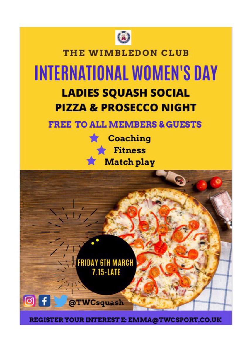 TWCsquash's tweet photo. It’s International Women’s Day 🌍 next week &amp; to celebrate we’re hosting a special Ladies Squash Social @TWCsport on Fri 6th March from  7.15pm 🍕🥂💪🏼 @englandsr 

To register your interest please 📧 emma@twcsport.co.uk 

#internationalwomensday #squashgirlscan #eachforequal https://t.co/WN0m09m9MX