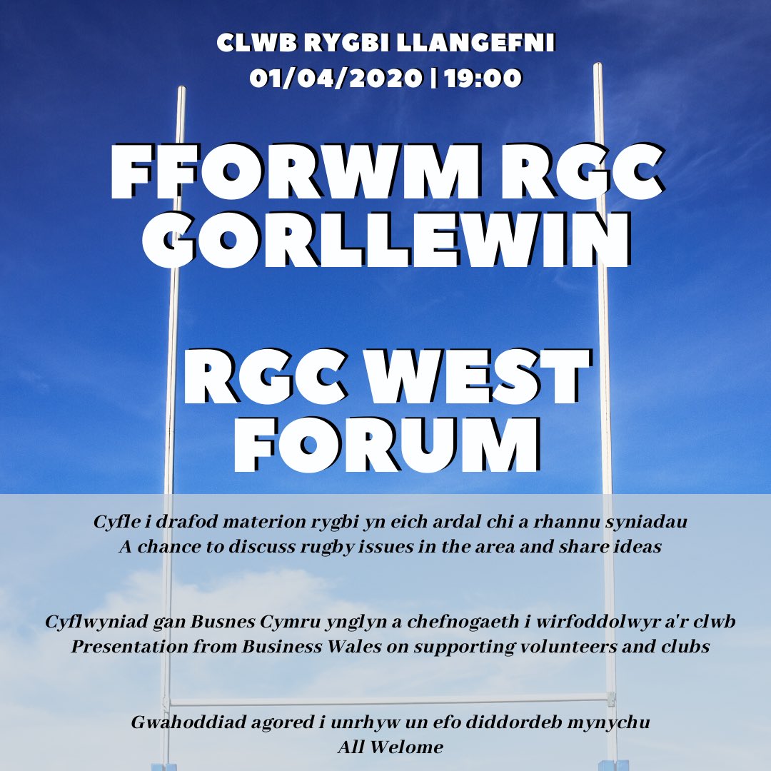 📢 DYDDIAD PWYSIG - IMPORTANT DATE

🏉 Ein fforwm clwb nesaf - Our next club forum

📌 <a href="/CRLlangefni/">Clwb Rygbi Llangefni🏉🏴󠁧󠁢󠁷󠁬󠁳󠁿🐗</a> 
🗓 1/4/2020
⏰ 19:00