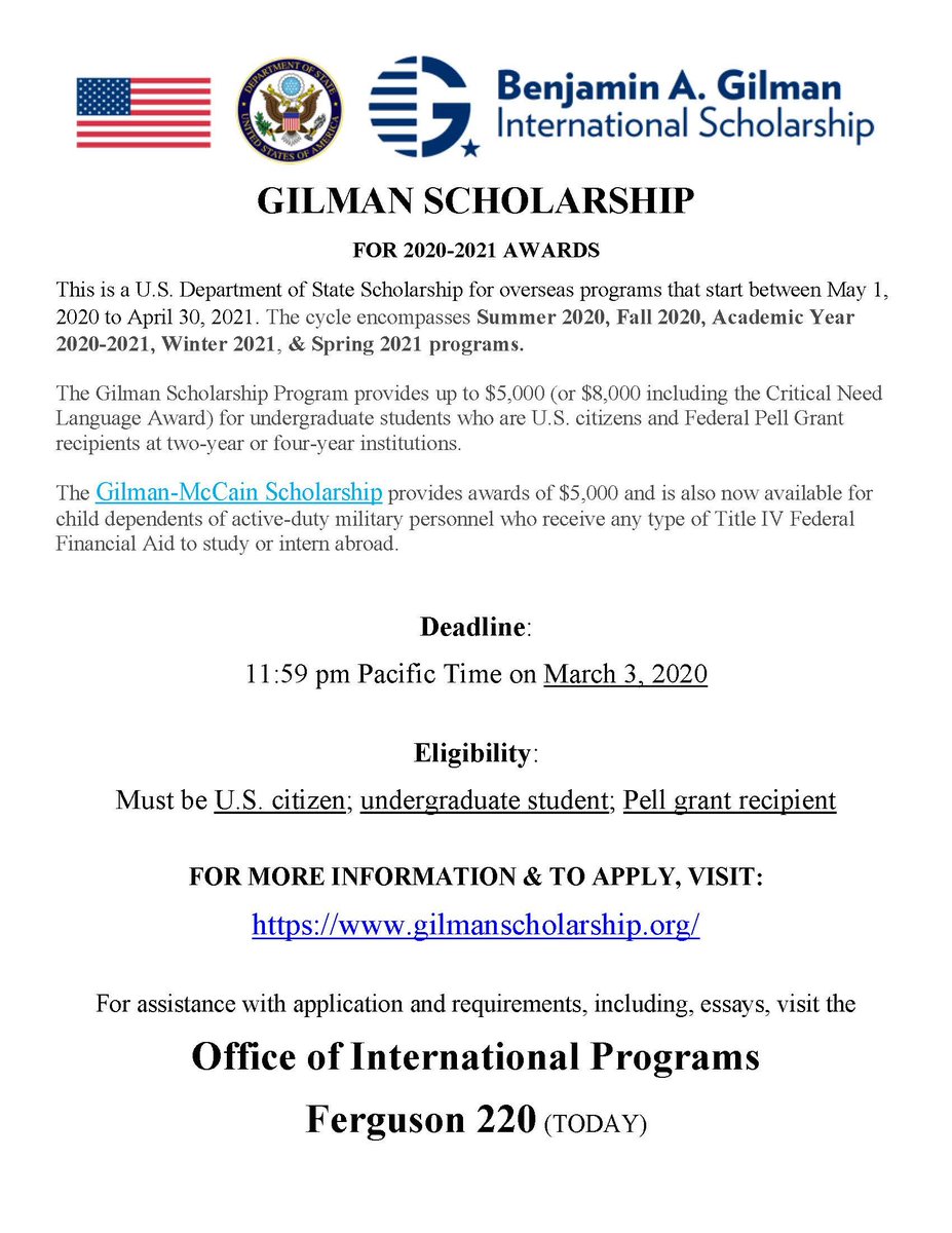 TAMUC_QEP's tweet photo. Apply today for the Gilman Scholarship! This award provides $5,000 to study or intern abroad. Assistance with your application can be received at the Office of International Programs--Ferguson 220! Deadline is March 3, 2020. https://t.co/mxov9s4P3P