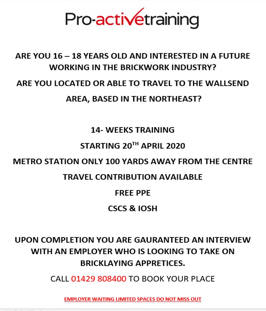 START YOUR CAREER AS A BRICKLAYER BY CALLING 01429 808400 NOW