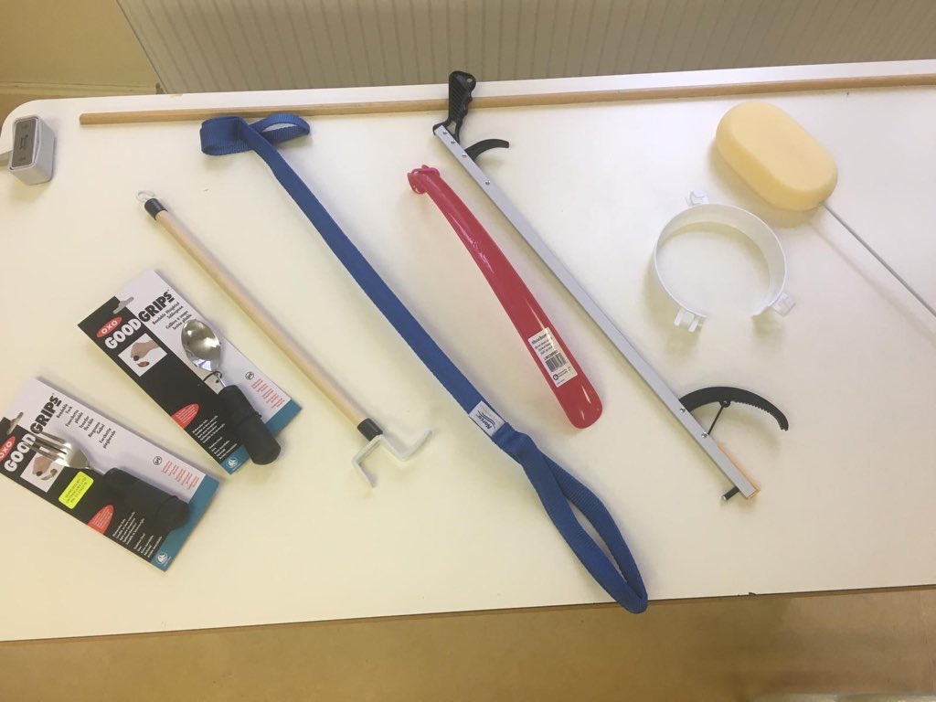 HSCPConnolly's tweet photo. 10 points to anyone who knows what all of these #assistiveaids do! We use assistive aids to help with daily activities (ADLs) such as dressing, eating, getting in and out of bed.... Just look at our unstoppable #OTRex and see how one assistive aid can make a huge difference! https://t.co/xiop0E07ZY