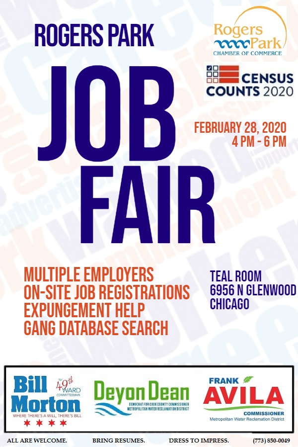 Rogers Park Job Fair at Teal Room - 2/28/2020 Multiple Employers US Census 2020 Jobs Expungement Help conta.cc/31Xms2c