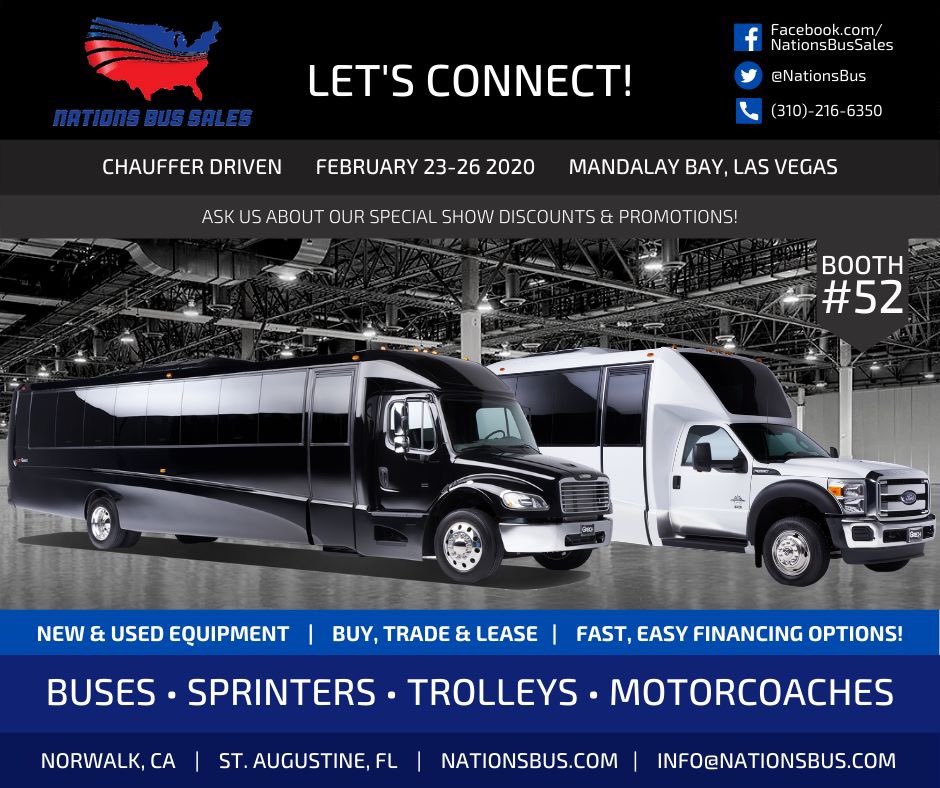 NationsBus's tweet image. #NBS is rolling into #ChauffeurDriven! Come find out about our current specials and discounts at booth #52!

#NationsBus #CoasttoCoast #shuttlebus #transportation