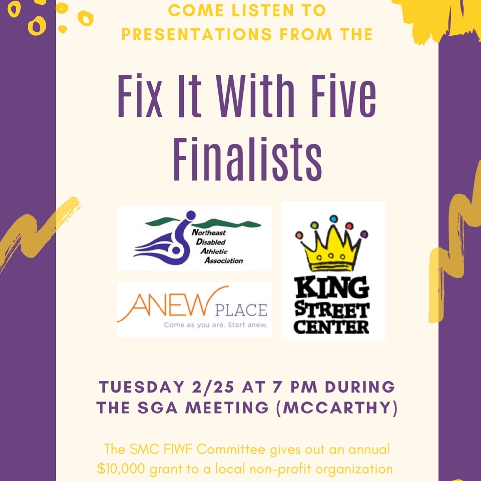 SMCVT_SGA's tweet photo. Come to tomorrow night's meeting in McCarthy to learn about the Fix it With Five finalists! https://t.co/abMQJ2gzwE