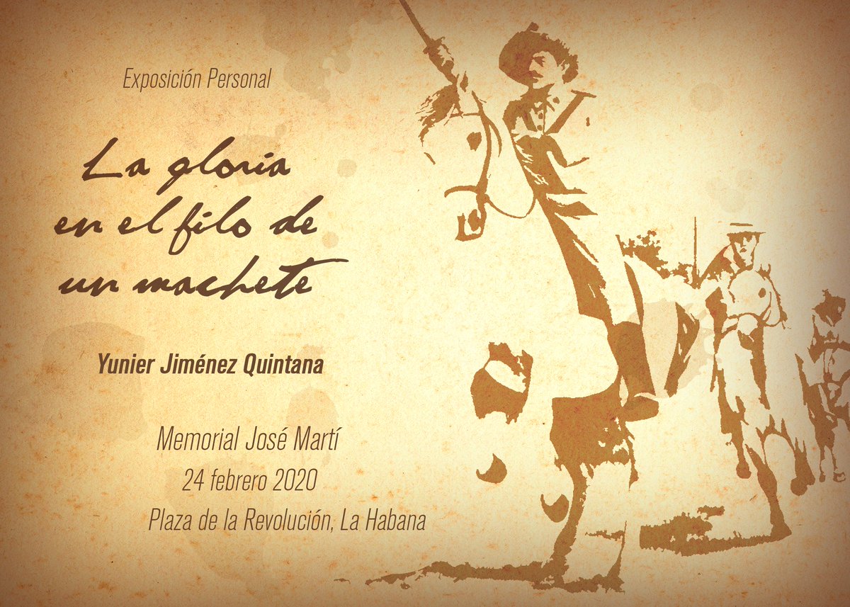 ¡Recuerden!
Esta tarde, a las 4:00pm, quedará inaugurada la exposición personal de Yunier Jiménez #LaGloriaEnELFiloDelMachete en el Memorial José Martí