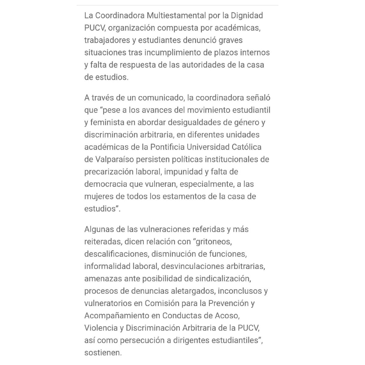 multiestamental's tweet image. Como Coordinadora Multiestamental por la Dignidad #PUCV, denunciamos graves situaciones que ocurren en nuestra casa de estudios #Valparaíso #Chile g5noticias.cl/amp/2020/02/21…