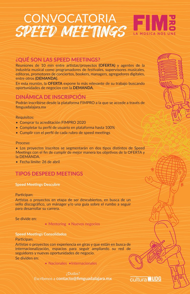 Se aproxima #FIMPRO2020🙌🔥

Recuerda que cambiamos la dinámica #SpeedMeetings🎶

Si tu interés es concretar acciones y contactos🤝para el desarrollo de tu música con los diversos profesionales que se darán cita en estas actividades, revisa los detalles👇

fimguadalajara.mx