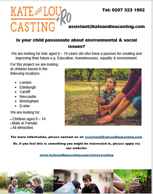 KateandLouCast's tweet photo. *Casting Call* We are looking for kids aged 8 - 14 who have a passion for improving their future 🌍🌱 We are looking for children who are not represented by an agent or attend stage school. See flyer attached. Share and RT! If interested, click the link😁https://t.co/BsK2f5SrGc https://t.co/yVZ6P1xlMT