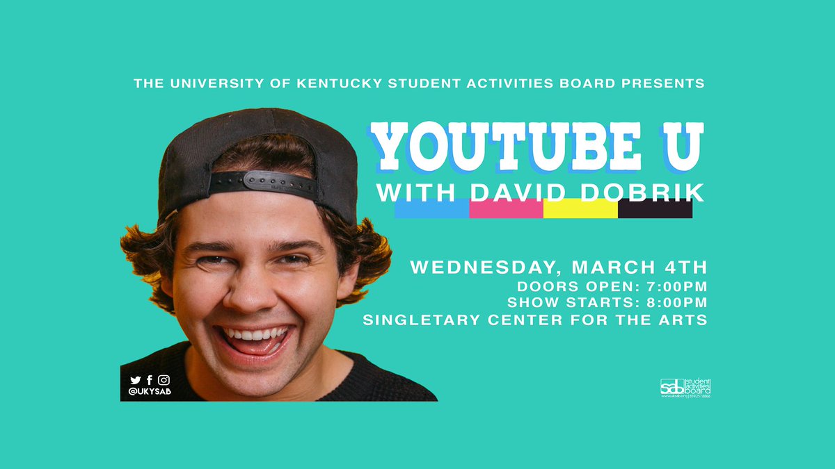 🚨STUDENTS: Tickets for YouTubeU with <a href="/DavidDobrik/">DAVID DOBRIK</a> will be available today at 1 p.m. at the Singletary Center. You must have a valid student ID to purchase your ticket. <a href="/UKYSAB/">UK Student Activities Board</a> 🎉