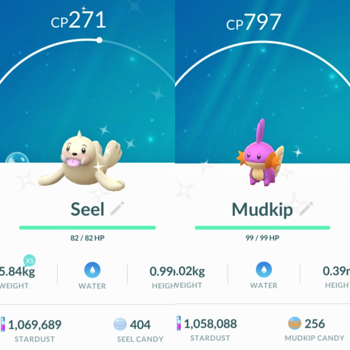 FeelingIndigo87's tweet photo. Both caught on my Go Plus in the last two weeks🤯 #ShinyMudkip #ShinySeel #ShinyPokemon #PokemonGoCanada #PokemonGOToronto #PokemonGO #Pokemon https://t.co/uv8UvVlW1k