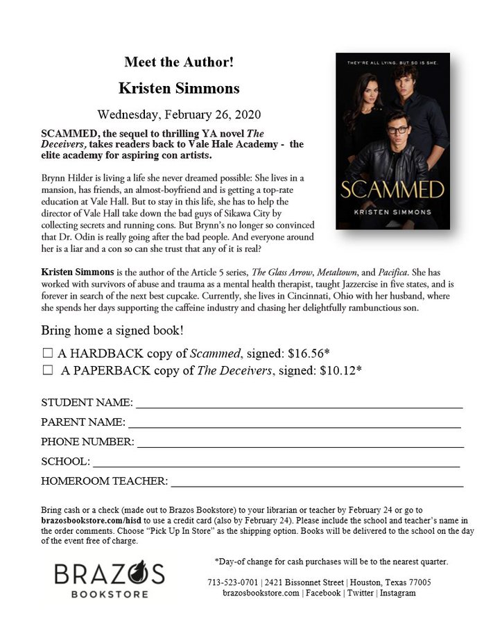 Just two days until author Kristen Simmons 
@kris10writes visits Heights High School! Join us on Wed, Feb. 26thduring 6th period in the library thanks to @BrazosBookstore ♥️📚👏
Order your signed copy of Scammed TODAY!    brazosbookstore.com/hisd #HISDLibrariesNow