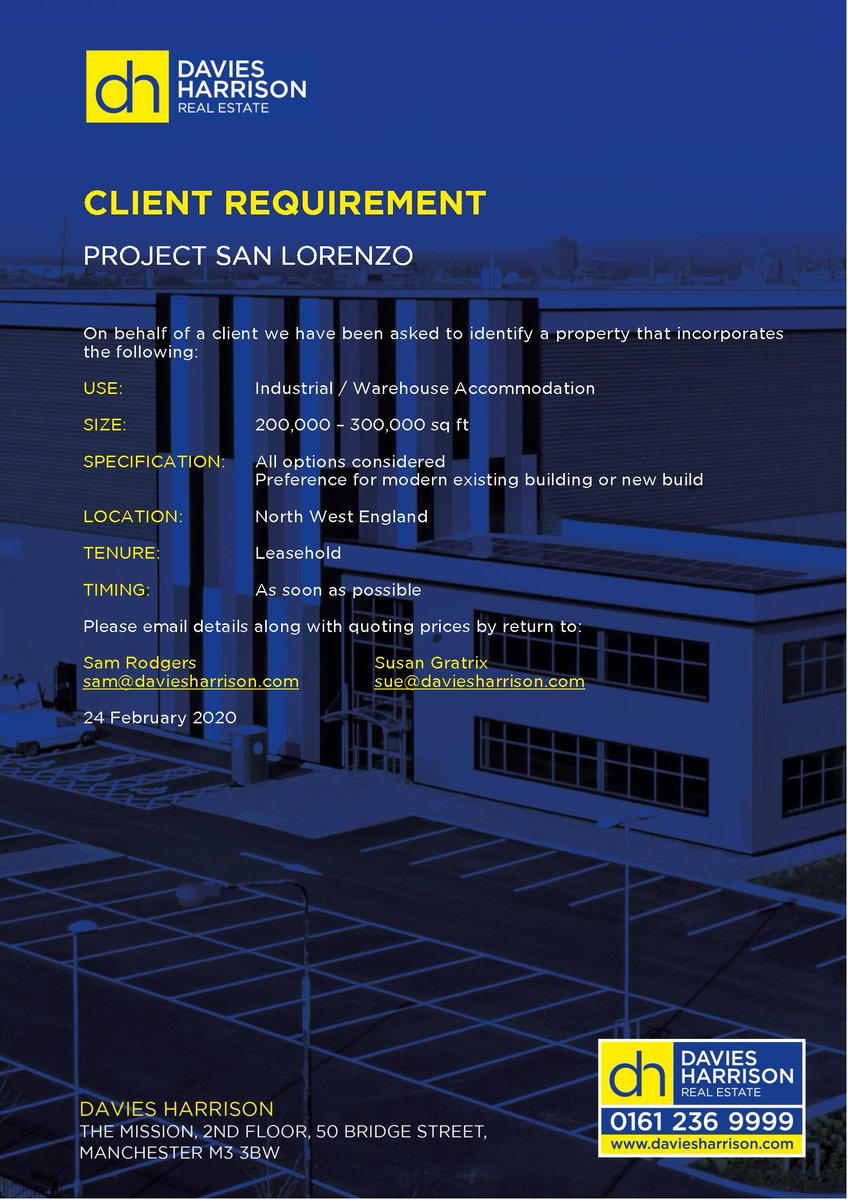 daviesharrison's tweet photo. We are undertaking a property search across North West England on behalf of a client who requires 200,000-300,000 sqft #warehouse #industrial unit.Please contact Sam Rodgers with details of any suitable properties #propertysearch #clientrequirement #NWEngland #lookingforwarehouse https://t.co/vve90iAbxd