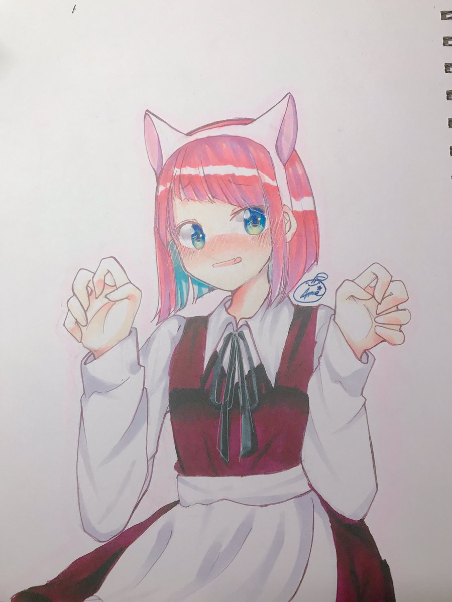 みかんだよん 寝ながら描いたからめっっっっっっっっ変wwww イラスト アシメ前髪 猫耳 メイド服 うちのこ オリキャラ 落書き コピック