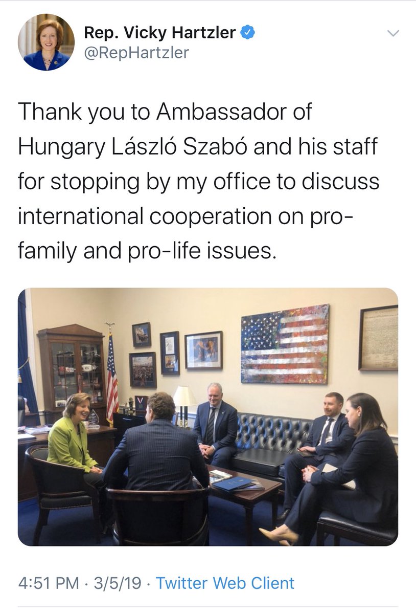 Lynz_Simmons's tweet photo. Today, Hartzler jumps on the bandwagon to attack Bernie.

Last year she sat with Viktor Orbán’s delegation known for its restriction of free press+propagandist media.

Orbán’s authoritarian regime is dismantling Hungarian democracy.

And Vicky praised that work from our Capitol. https://t.co/ayPVs0Wz2c