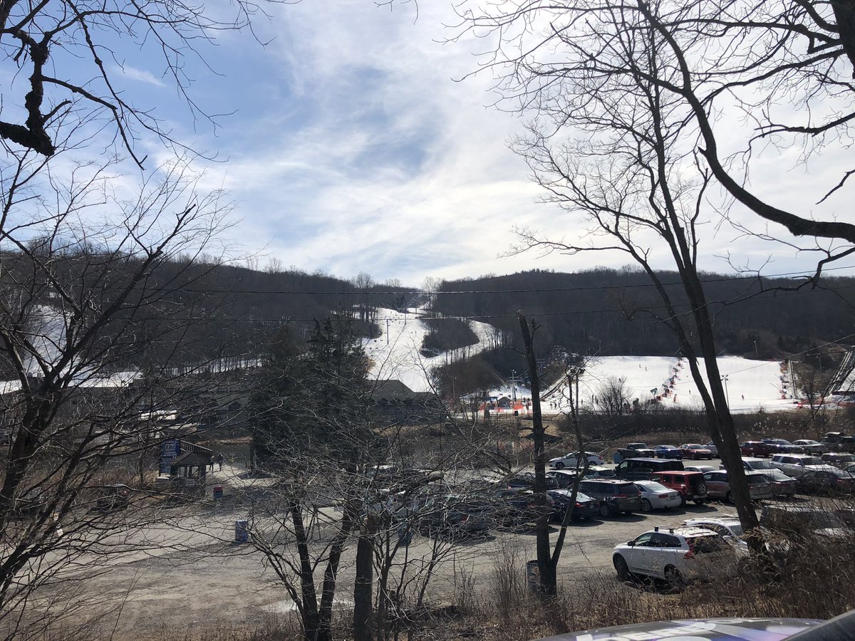 It may be 57 degrees, but they’re skiing @skishawnee nice Spring conditions. Look everyone I found some snow! ❄️❄️❄️