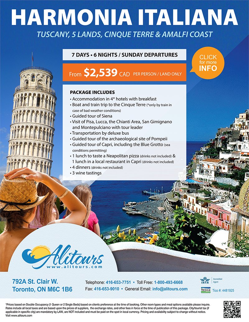 Alitours's tweet image. 2020 Harmonia Italiana Tour - Tuscany, 5 Lands, Cinque terre &amp;amp; Amalfi Coast
For more info see alitours.com or call 416-653-7751.
#italy #europe #rome #vacation #tour #freedom #carrental #hotel #life #alitours #touroperator #toronto
