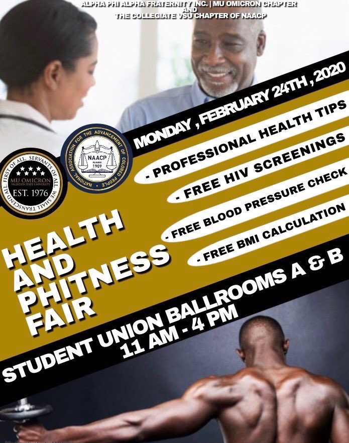 VSU_BHM's tweet photo. @MuOmicron1906 &amp; @VSU_NAACP are currently hosting the Health and Phitness Fair come out &amp; get some valuable information about your health!!! https://t.co/ROblNpHy0b