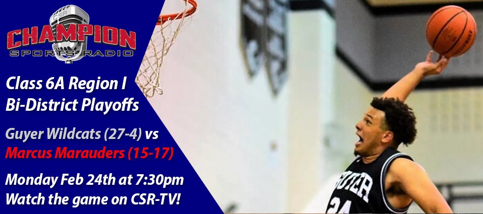 The @uiltexas boys basketball playoffs start tonight, & we have a great game for you as @GuyerBasketball takes on @MarcusBsktBall! ⏰ 7:30pm tip-off 🎙 @MrThomasDLee & @John_PIper01 🏫 @Denton_High 📺 (PPV) championsportsradio.com/teams/guyer-wi…